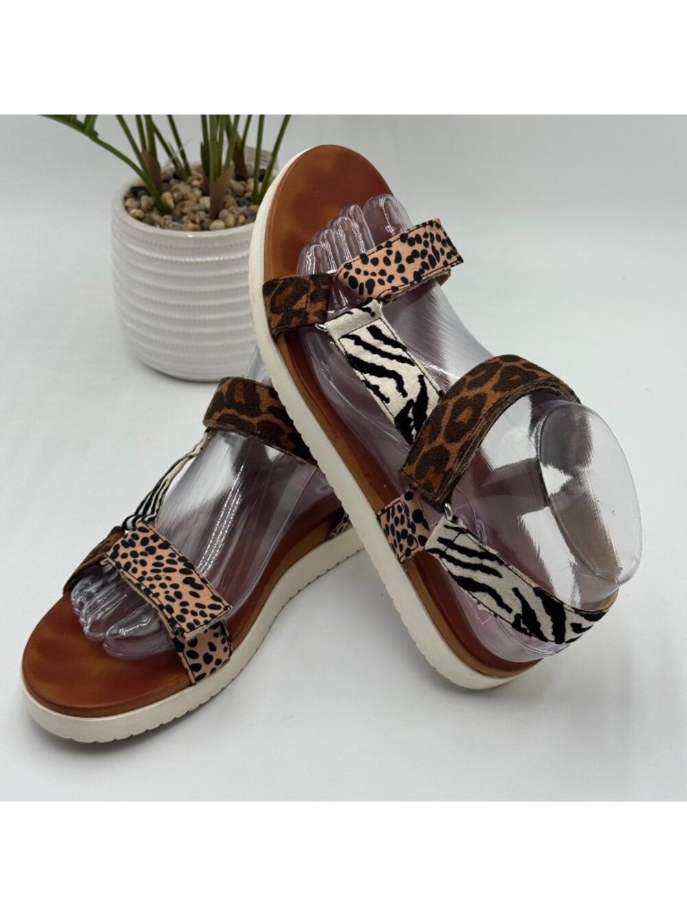 DOD Slingback Sandal Women 8M Brown Suede Leather Leopard Print Strappy Platform